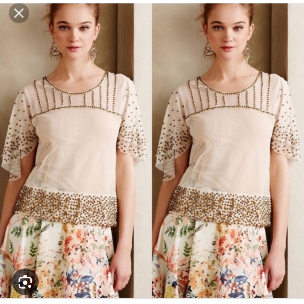 Alphamoment Anthropologie NWT beaded sheer short sleeve blouse size S